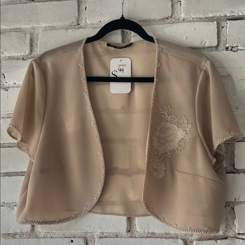 Y2k Beige Cropped Bolero with Pearl Trim chiffon crop shawl tshirt shrug